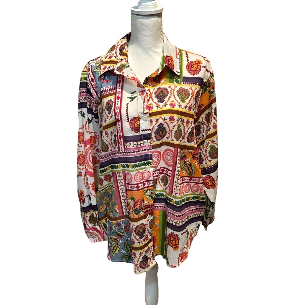 Calypso St. Barth 1X Cotton‎ Button Front Blouse Boho Patchwork Floral